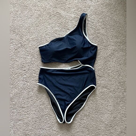 J. Crew Eco Solid Trish Cutout One Piece in Navy with White Contrast - Size 10 - Picture 3 of 6